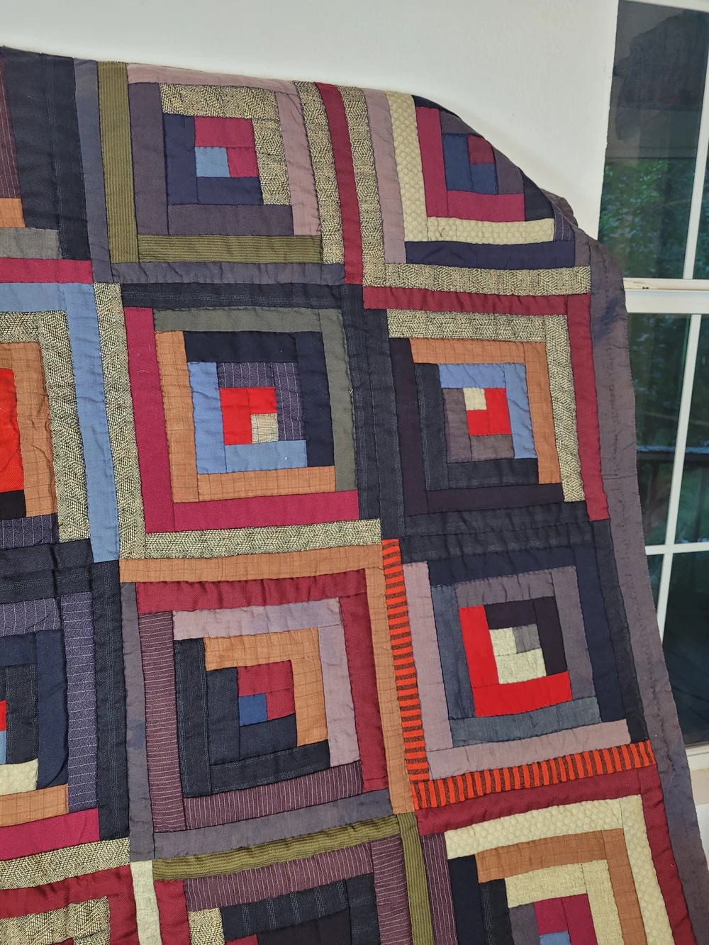 Artisanal Multicolor Log Cabin Quilt - Deep Navy, Burgundy & Olive Accents
